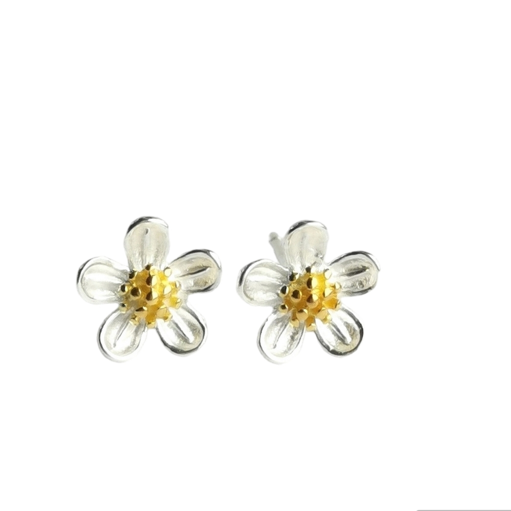 Sterling Silver 14K Gold Cherry Blossom Flower Stud Earrings
